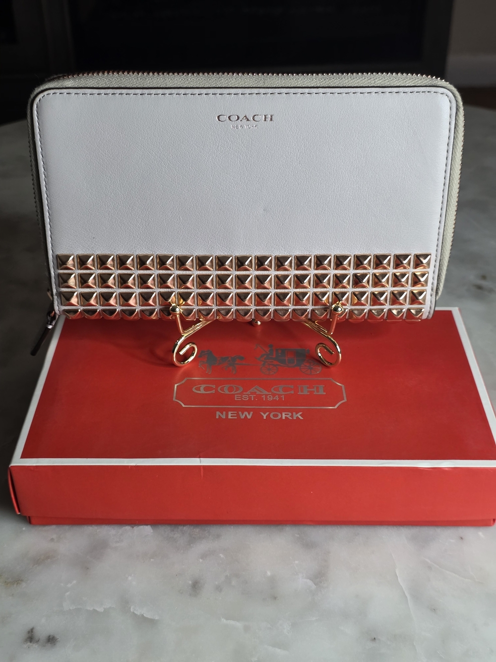 Coach Gray Leather Zip Small Pouch/wallet w/ Rose Gold Studs & Box